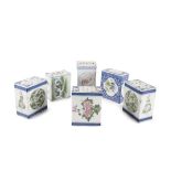 A COLLECTION OF SIX CHINESE BLUE AND WHTE AND POLYCHROME PORCELAIN FLOWERS BRICKS/PILLOWS,