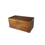 A BRASS BOUND MAHOGANY CHEST, with hinged top, inset with front brass handle and brass lock plate.