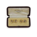 A PAIR OF SAPPHIRE AND GOLD CUFFLINKS, FRENCH, each discs with reeded detailing centring circular