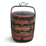 A CHINESE LACQUER AND GILT DECORATED STORAGE BOX, 19th century, of circular form with three tiered