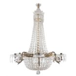 A NEAR PAIR OF GILTMETAL AND CUT GLASS 'BASKET' CHANDELIERS, of circular design with leaf-moulded