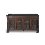 A CONTINENTAL 18TH CENTURY OAK COFFER IN RENAISSANCE STYLE, of rectangular shape,