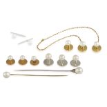 A GROUP OF PEARL JEWELLERY, including six shirt buttons with cultured pearls mounted in 18K gold,