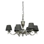 A MODERN SIX BRANCH METTALLIC CHANDELIER, with baluster shaped centre column, fitted with black