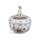 A MEISSEN PORCELAIN COVERED BOWL, the white glazed ground painted with figural scenes and floral