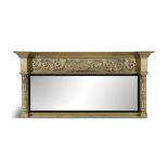 A REGENCY GILTWOOD RECTANGULAR COMPARTMENTED OVERMANTLE MIRROR, with moulded cornice above a frieze