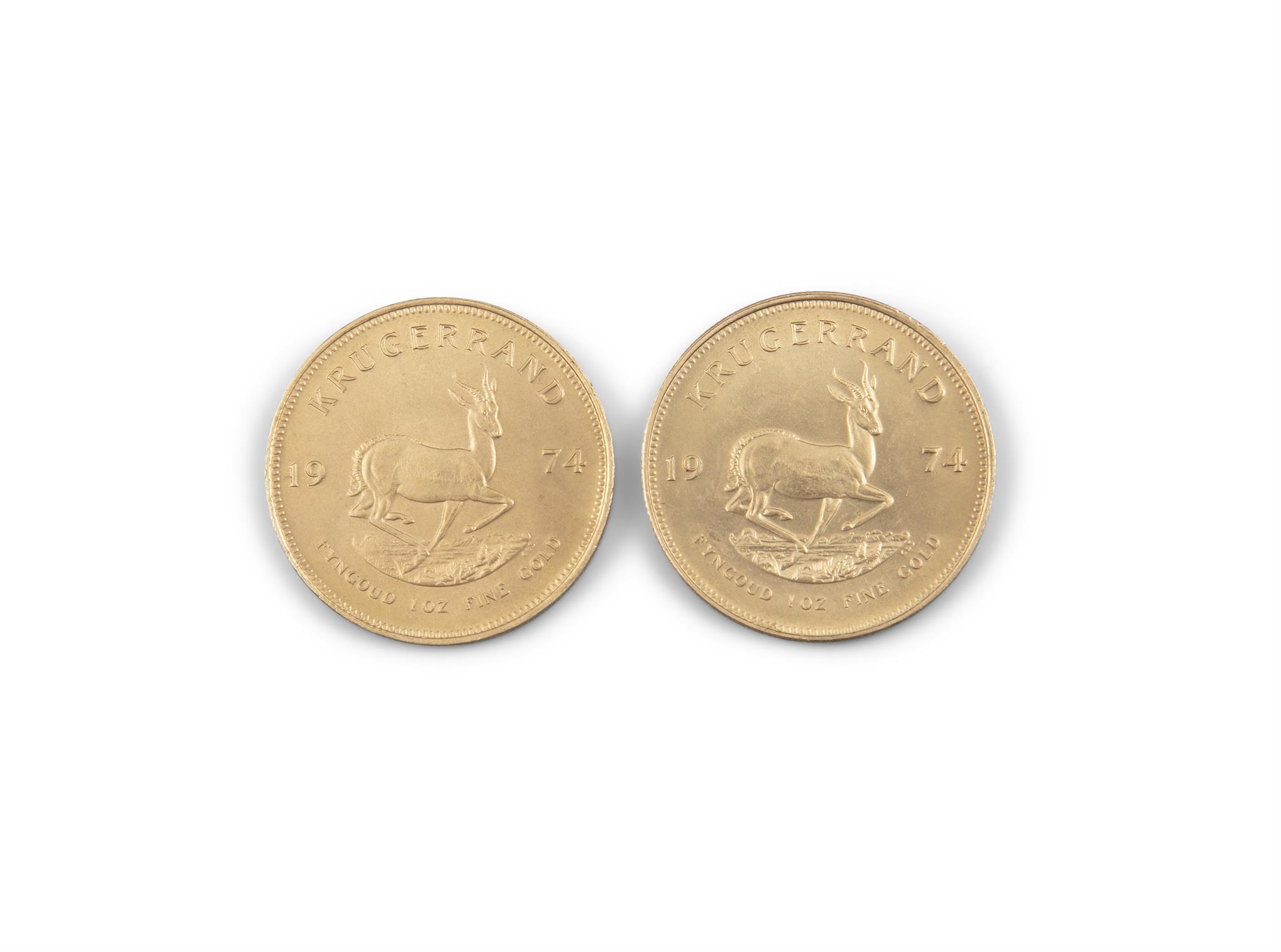 TWO SOUTH AFRICAN GOLD KRUGERRAND COINS, 1974, (68 grams)