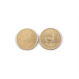 TWO SOUTH AFRICAN GOLD KRUGERRAND COINS, 1974, (68 grams)