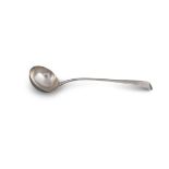 A GEORGE III SILVER PLAIN TAPER HANDLE SOUP LADLE, London c.1790, marks rubbed, (6.13 troy ozs). 35.