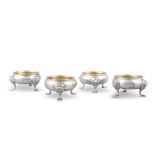 A SET OF FOUR IRISH GEORGE III SILVER SALT CELLARS, Dublin c.1790, makers mark of Christopher