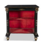 A REGENCY BLACK AND GILT PAINTED RECTANGULAR OPEN DWARF BOOKCASE, fitted single frieze drawer,