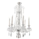 A PAIR OF CUT GLASS SIX BRANCH CHANDELIERS, the central baluster support with a cupped collar