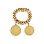 A GOLD CURB-LINK BRACELET WITH TWO LARGE MEXICAN COINS, suspending two coin within gold frame,