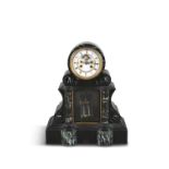 A VICTORIAN BLACK MARBLE MANTLE CLOCK, with enamel dial, inked with Roman numerals and surrounded