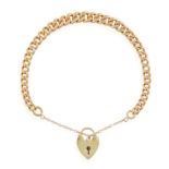 A GOLD BRACELET, composed of a graduated curb-link chain suspending a heart padlock clasp,