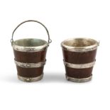 A PAIR OF NOVELTY SALT CELLARS, in the form of miniature turf buckets, the mahogany buckets with