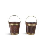 A PAIR OF GEORGIAN IRISH MAHOGANY PLATE BUCKETS, with brass swing handle and spiral turned body,