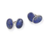 A PAIR OF LAPIS LAZULI CUFFLINKS, each oval-shaped lapis lazuli bombé plaques within white gold