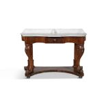 A VICTORIAN MAHOGANY AND MARBLE TOP DRESSING TABLE, c.1870, with raised gallery back and single