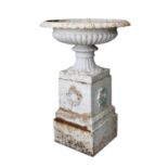 A LARGE VICTORIAN CAST IRON GARDEN URN, mid-19th century, white painted of neo-classical design,