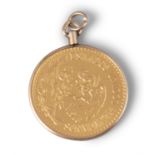 A MEXICAN 20 PESO GOLD COIN, 1918, with suspension loop, 18g