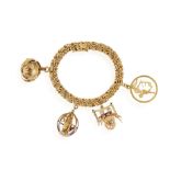 A GOLD CHARM BRACEELET, composed of a fancy-link chain suspending four large charms,
