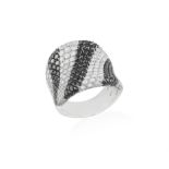 A DIAMOND AND COLOURED DIAMOND COCKTAIL RING, of concave design, pavé-set throughout with