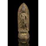 A HEAVY CAST GILT BRONZE FIGURE OF A STANDING KANNON WITH A DATE CORRESPONDING TO THE 2ND YEAR OF