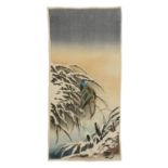 Narazaki Eisho (JAPAN, 1864-1936) Kingfisher on snowy reeds Hosoban tata-e chirimen woodblock