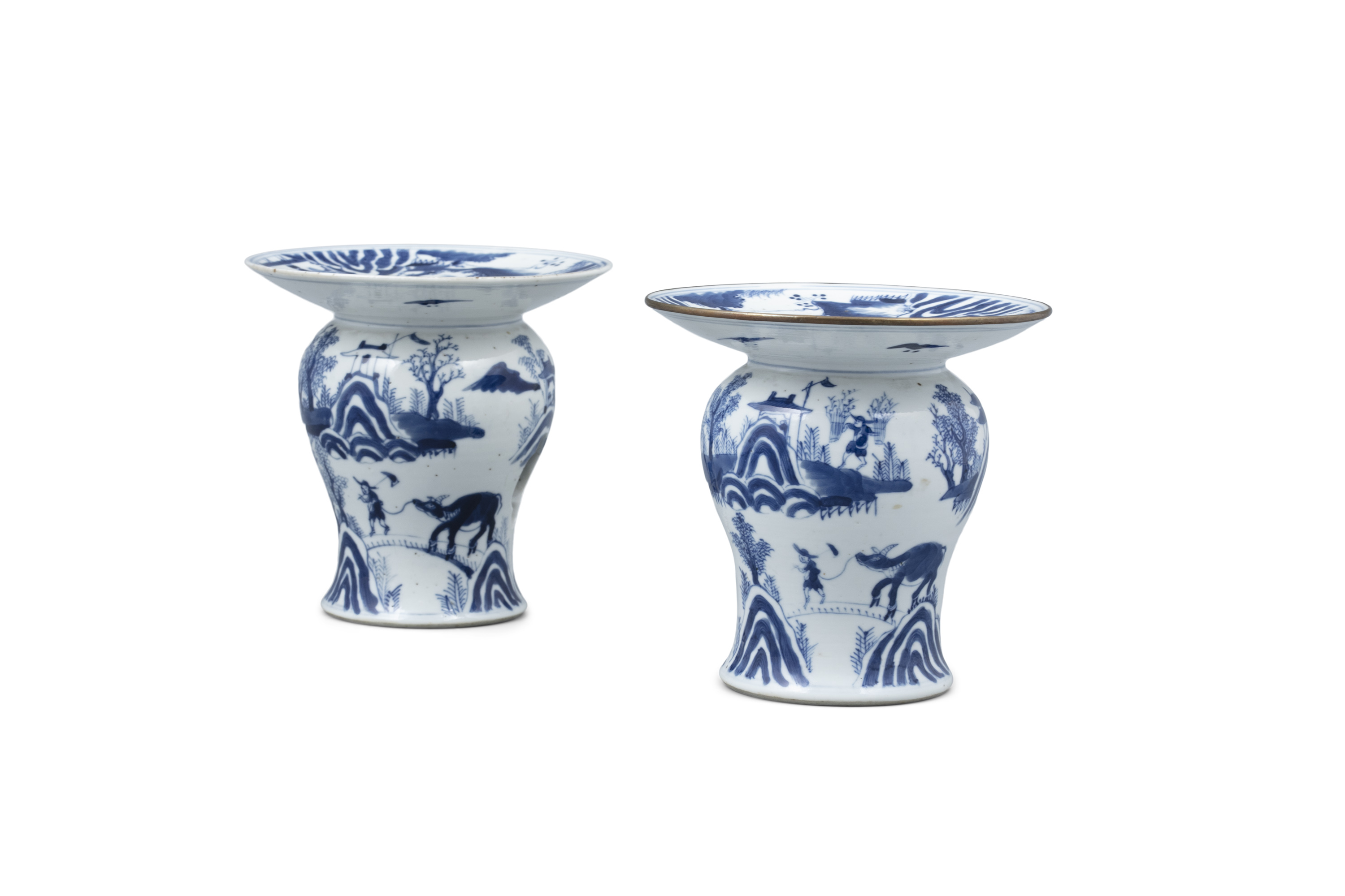 A PAIR OF BLUE AND WHITE ‘DAOIST IMMORTALS’ PORCELAIN DISH WARMERS WITH A SEAL MARK POSSIBLY - Image 3 of 10