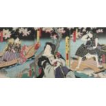 Utagawa Kunihisa II (JAPAN, 1832-1891) Sumidagawa boat trip 1863 A triptych of oban tata-e