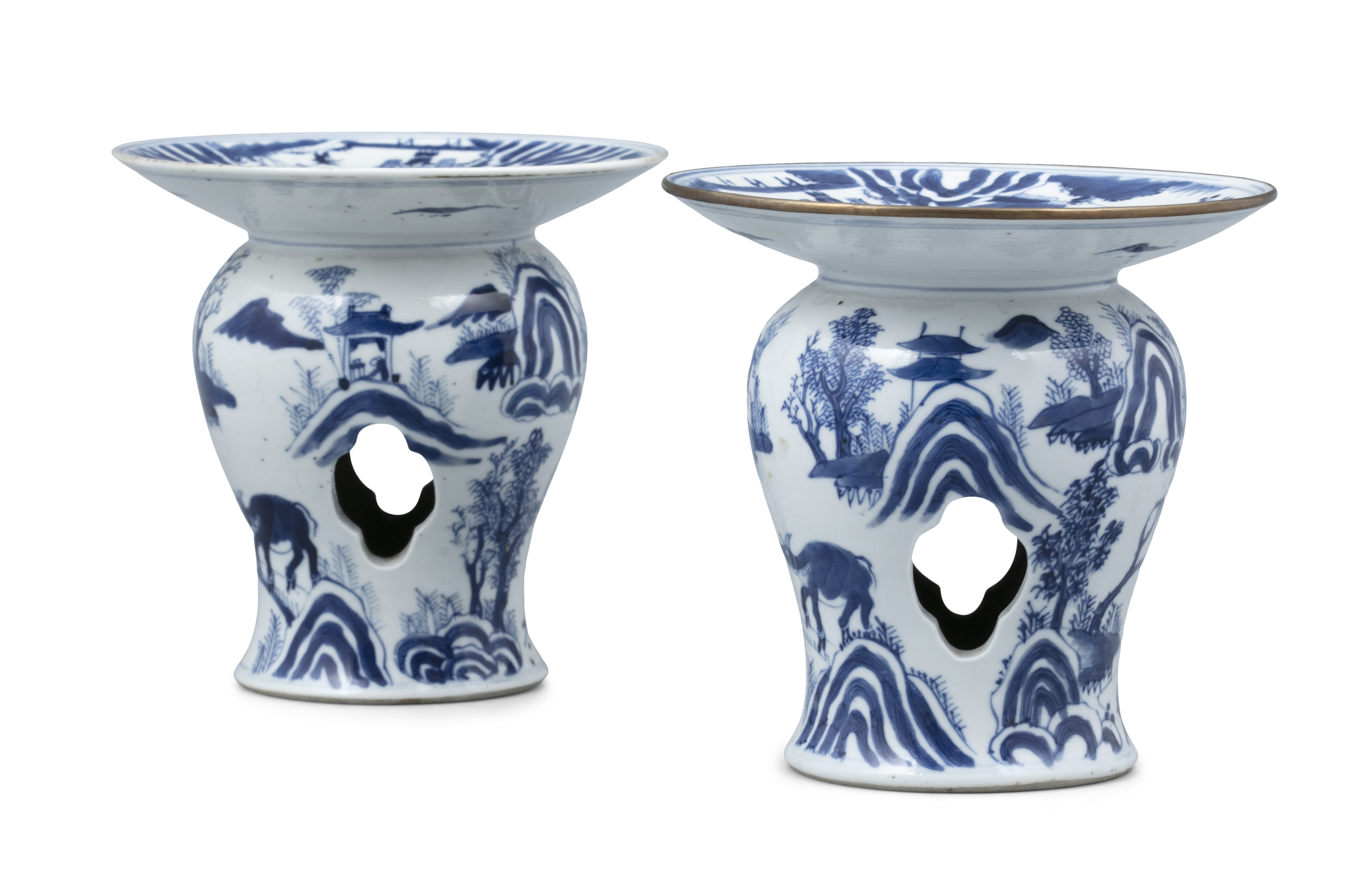 A PAIR OF BLUE AND WHITE ‘DAOIST IMMORTALS’ PORCELAIN DISH WARMERS WITH A SEAL MARK POSSIBLY