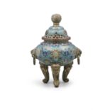 A THREE-LEGGED ‘LOTUS’ LIDDED CLOISONNE INCENSE BURNER CHINA, LATE QING DYNASTY, 19TH CENTURY Of