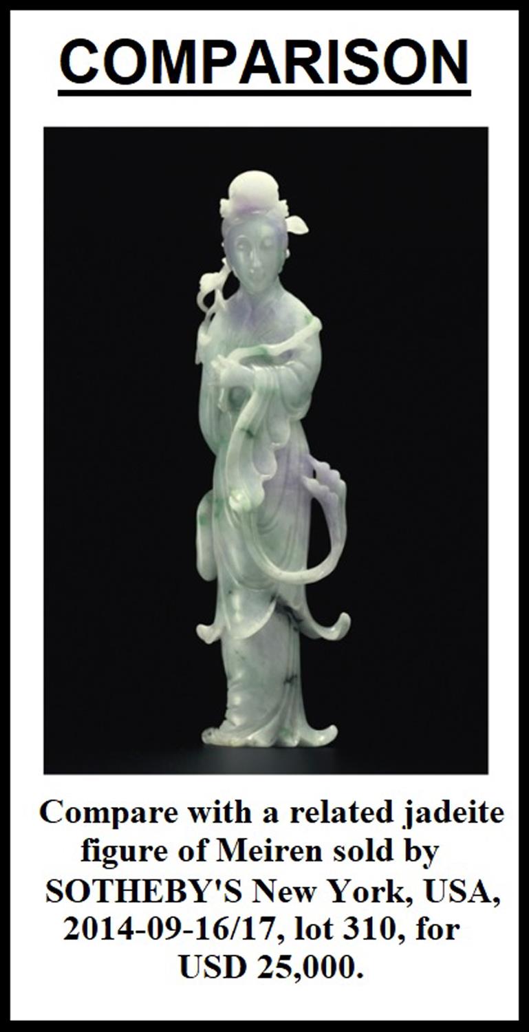 A FINE JADEITE JADE CARVING OF A STANDING MEIREN CHINA, CIRCA 1900-1930 The stone of white tone with - Image 8 of 8