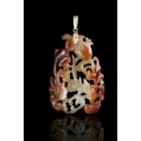 A RETICULATED RED AND GREEN JADEITE JADE ‘BATS, POMEGRANATE AND LINGZHI’ PLAQUE / PENDANT CHINA,