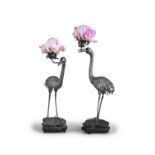 A PAIR OF SILVER ‘CRANES AND LOTUS FLOWERS’ CANDLESTICK HOLDERS CHINA, LATE QING DYNASTY, 19TH