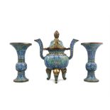 A PALACE SIZE THREE-PIECE (3) CLOISONNÉ ‘LOTUS’ ALTAR GARNITURE, ELEMENTS OF A WUGONG CHINA, LATE