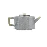 A JADE EMBELLISHED INGOT-SHAPED ‘LOTUS POND’ PEWTER ENCASED YIXING TEAPOT BY FAN LUZENG DATED TO A