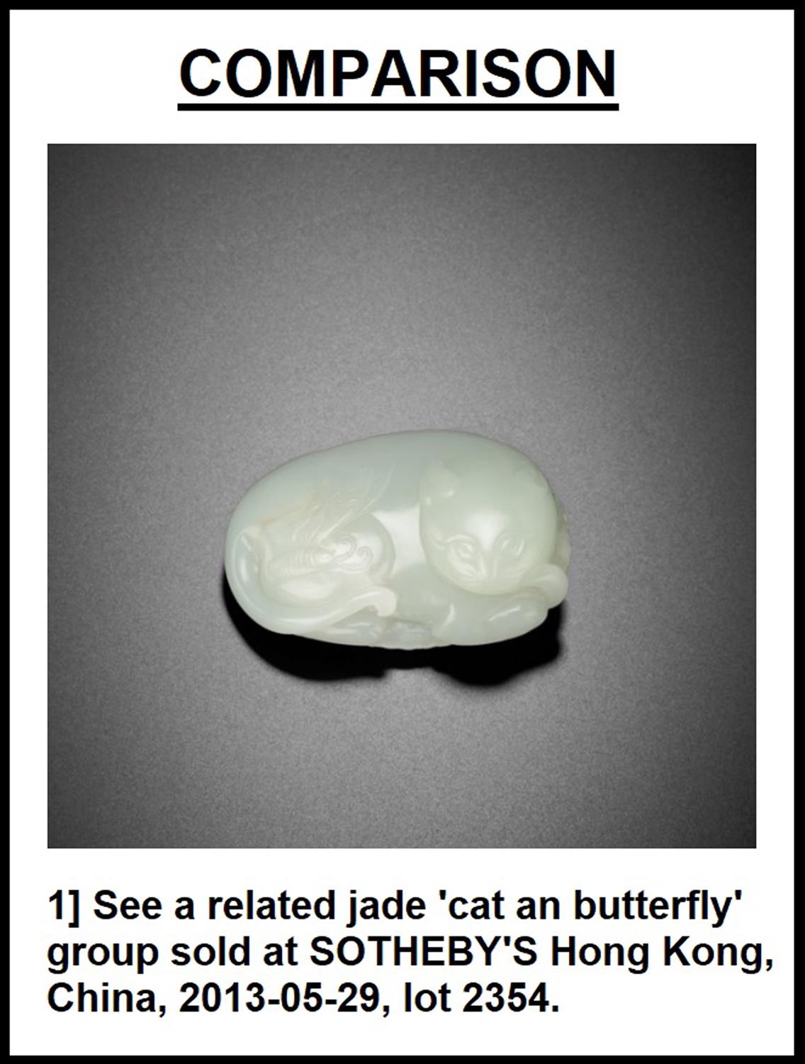 A WHITE JADE GROUP OF TWO CATS WITH A BUTTERFLY 玉耄耋 CHINA, POSSIBLY QING DYNASTY Carved out of an - Image 8 of 20