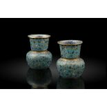 A PAIR OF ‘FLOWER SPRAY’ CLOISONNE WINE CUPS AND A WARMERS Qing Dynasty The footrim of the cup