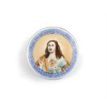 A CANTON ENAMEL ON COPPER ‘CHRIST’ PILL BOX CHINA, CIRCA 1900 Of circular shape, it rests on a short