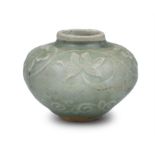 A LONGQUAN CELADON STONEWARE WATER POT WITH APPLIED FLORAL DECORATION CHINA, ATTRIBUTED TO YUAN