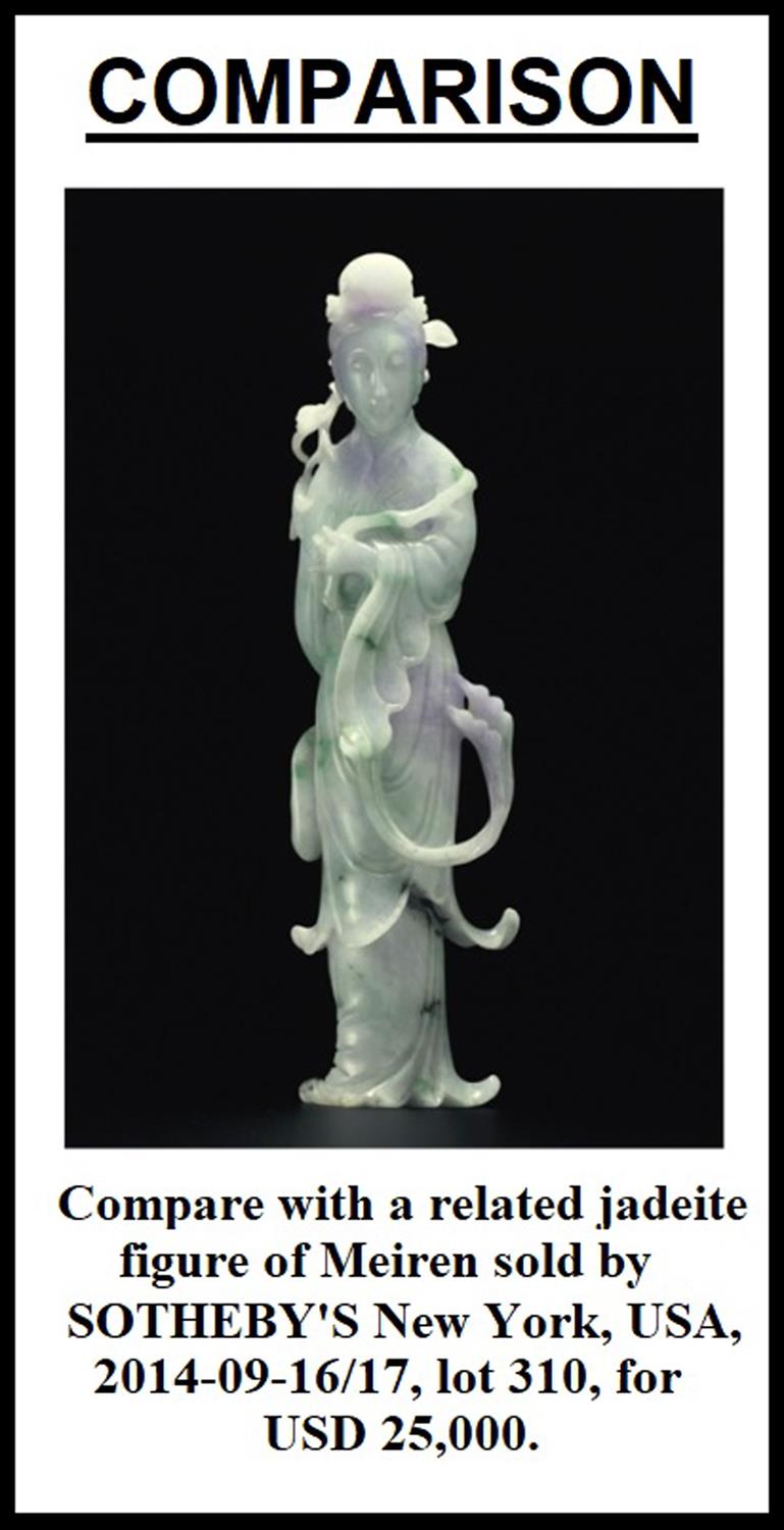 A FINE JADEITE JADE CARVING OF A STANDING MEIREN CHINA, CIRCA 1900-1930 The stone of white tone with - Image 7 of 8