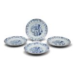 A GROUP OF FOUR (4) BLUE AND WHITE ‘BIRD CAGE AND FLOWERS’ PORCELAIN PLATES CHINA BY COMMAND, QING