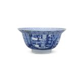 A LARGE BLUE AND WHITE 'ROMANCE OF THE WESTERN CHAMBER' PORCELAIN BOWL CHINA, QING DYNASTY, POSSIBLY