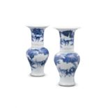 A PAIR OF BLUE AND WHITE PORCELAIN ‘STAG AND DEER’ PHOENIX-TAIL VASES, FENGWEIZUN CHINA, LATE QING