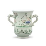 A SMALL TWO-HANDLED AND BELL-SHAPED PORCELAIN CUP CHINA It rests on a short ring foot left