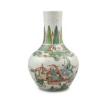 A SMALL FAMILLE VERTE 'FU LU SHOU' PORCELAIN BOTTLE VASE, TIANQIUPING China, 19th to 20th century H: