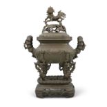 A BRASS ‘BAMBOO - CÂY TRE’ INCENSE BURNER, COVER AND STAND VIETNAM, 20TH CENTURY H: 51 cm