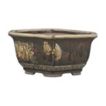 AN ENAMELED YIXING TERRACOTTA ‘SPARROWS’ JARDINIERE OR PLANTER CHINA, 20TH CENTURY Of hexagonal